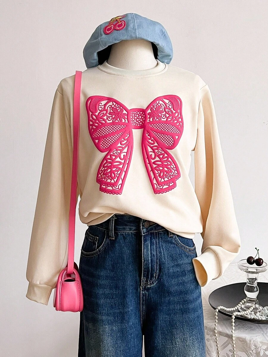 Sweetra Young Tween Girls' Casual Bow Print Crew Neck Sweatshirt, Autumn Fall Winter