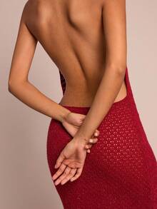 SHEIN Glamour Đầm ôm body đính kim tuyến cổ khoét sâu gợi cảm dành cho nữ - Đỏ - Xem 6