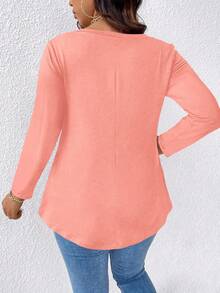 EMERY ROSE Plus Size Solid V-Neck Long Sleeve Casual T-Shirt For Spring Fall - Coral Pink - View 2