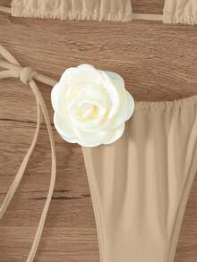 Swim Chiccia Contrast Color 3d Flower Decoration Halter Bikini Set, For Swimming,Summer Beach