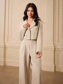 优雅简约时尚优雅西装外套，领口，长袖，短款剪裁，卡其色，搭配高腰宽松直筒裤，适合少女，返校装，四季皆宜，圣诞节