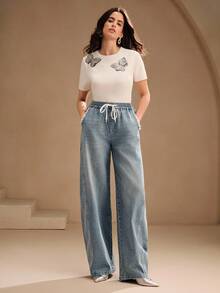 Anewsta 女式抽绳腰口袋水钻水洗蓝色直筒牛仔裤 - 藍色 - 查看 5