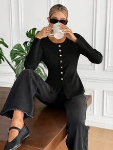 Serisse 女士休闲日常通勤简约纯色圆领长袖修身单排扣开衫，秋季