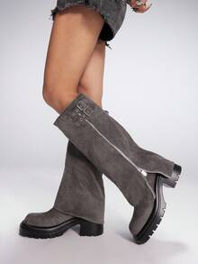 Sugerpunk 女式带扣设计侧拉链高跟中筒靴 - 灰色 - 查看 3