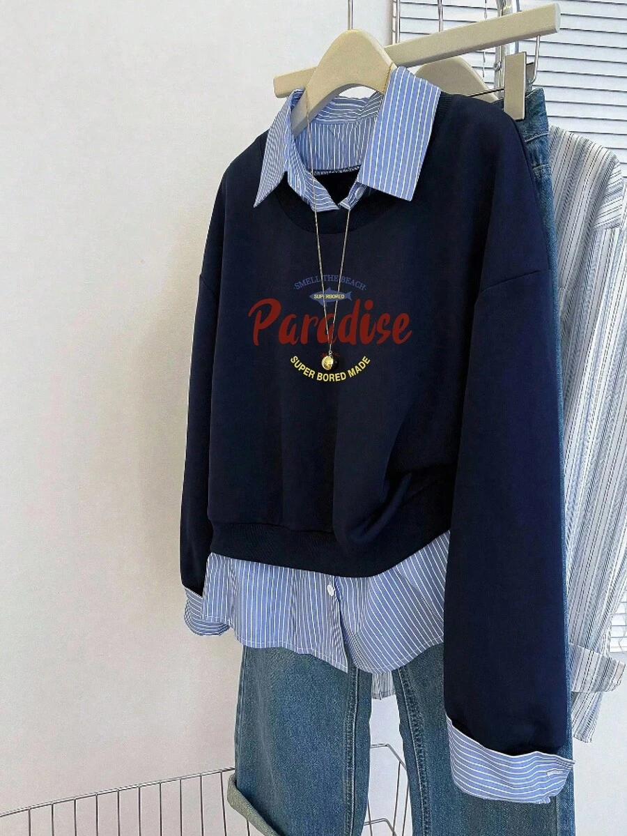 INAWLY 新款宽松时尚翻领二合一条纹长袖衬衫女式运动衫