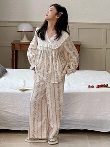 DAZY 女童碎花V领长袖睡衣套装 - 杏色 - 查看 4