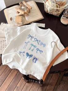 SHEIN 年轻女孩蓝色蝴蝶结创意美学印花短袖 T 恤，可爱芭蕾舞者风格夏季上衣