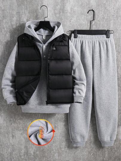 SHEIN 3 件套儿童男童休闲日常舒适纯色连帽衫、宽松运动裤和加厚背心夹克 3 件套运动服套装，适合学校、花园、海滩、生日、春季、夏季、秋季、冬季