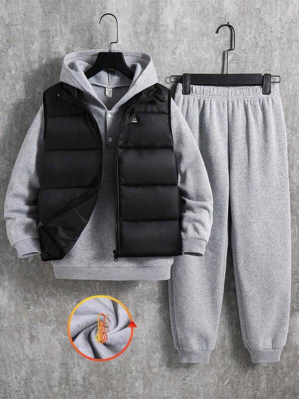 SHEIN 3 件套儿童男童休闲日常舒适纯色连帽衫、宽松运动裤和加厚背心夹克 3 件套运动服套装，适合学校、花园、海滩、生日、春季、夏季、秋季、冬季