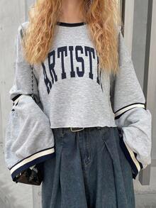 FRIFUL Women's Contrast Binding Crew Neck Letter Print Casual Long Sleeve Top,Fall Clothes Sweatshirt - Grey - View 4