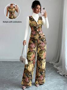 Elenzga 女士优雅黄色花卉两件套，春/秋/冬 - 黑色 - 查看 5