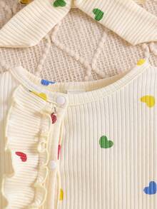 SHEIN Vintaside Kids Baby Girl Casual Heart Print Ruffle Trim Long Sleeve Jumpsuit, Autumn Fall Winter - Apricot - View 6