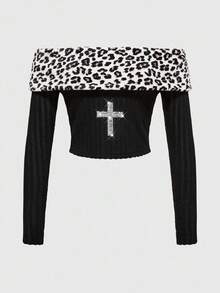 ROMWE J-Fashion Suéter cruzado de punto acanalado con cuello de piel sintética al hombro, estilo Y2K para mujer - Negro - Ver 1