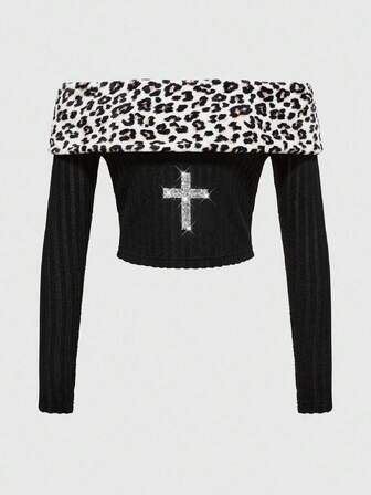 J-Fashion Maglione da donna stile Y2K con spalle scoperte, colletto in pelliccia e lavorazione a costine e incrocio