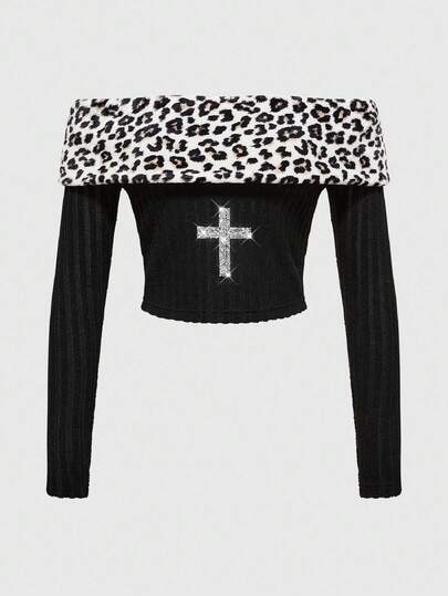 J-Fashion Y2K Stil Off-Shoulder Pullover mit Fellkragen und geripptem Kreuzstrick für Frauen