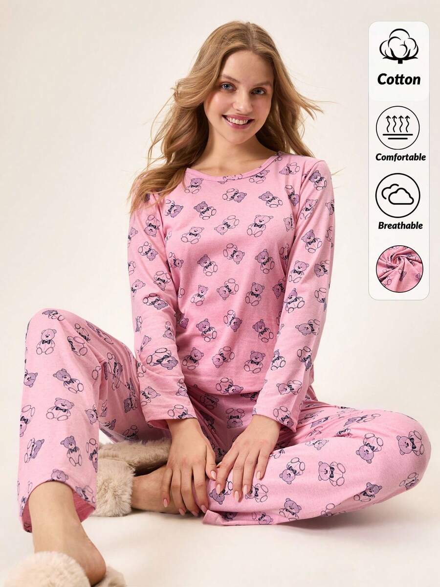 Loomlin Women Cotton 2pcs Cute Bear Pattern Comfort Pajama Set - Pink - View 1
