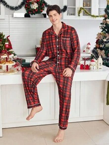 2pcs Christmas Plaid Comfortable Family Matching Pajama Set, Long Sleeve Top And Pants, Button-Up, Suitable For Loungewear And Outerwear, Men, Fall Winter Clothes