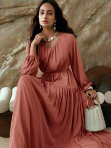 Revavyn Đầm suông cổ chữ V tay dài, eo rút dây, nhún bèo thanh lịch dành cho nữ, thích hợp mặc đi làm, du lịch và nghỉ dưỡng, mùa xuân/hè - Hồng - Xem 7