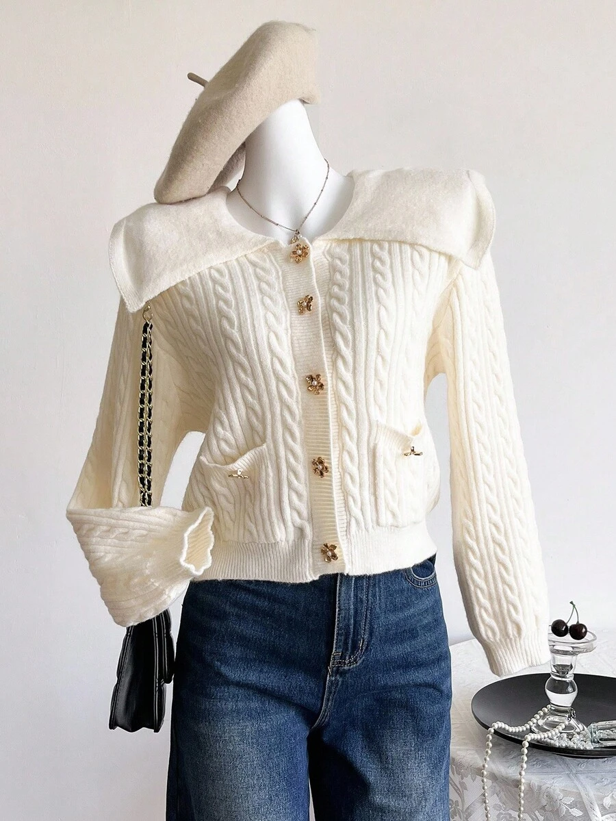 SHEIN 少女麻花图案金属花单排扣长袖针织开衫，秋冬款 - 米色 - 查看 1