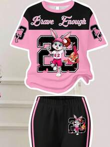SHEIN Leap Crew 复古学校街道号码、字母和动物印花图案，少女休闲宽松圆领短袖T恤和喇叭裤两件套，适合秋季穿着 - 白色 - 查看 4