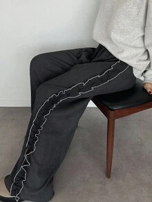 FRIFUL 女士休闲百搭荷叶边宽松裤，黑色阔腿裤，褶裥裤 - 深灰色 - 查看 3