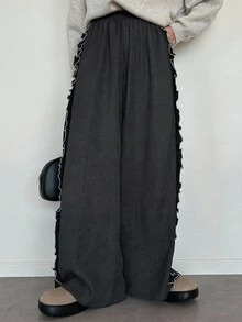 FRIFUL 女士休闲百搭荷叶边宽松裤，黑色阔腿裤，褶裥裤 - 深灰色 - 查看 5
