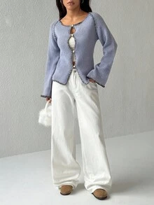 Flirla Casual Minimalist Versatile Button-Up Long Sleeve Women Cardigans - Grey - View 5