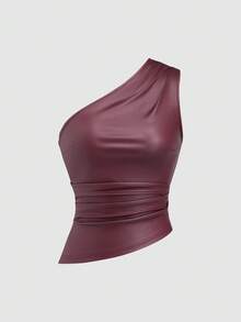 Sweetra 2 件套女士秋季性感褶皱弹力面料修身通勤百搭衬衫套装，酒红色和黑色 - 彩色 - 查看 3