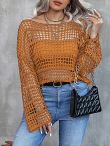 EMERY ROSE 大码女式休闲宽松针织毛衣，露肩，镂空，性感喇叭袖，半透明，黑色，春秋 - 棕色 - 查看 3