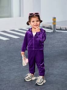 SHEIN Babygirl 天鹅绒长袖连帽夹克和松紧腰裤套装，时尚可爱 - 紫色 - 查看 7