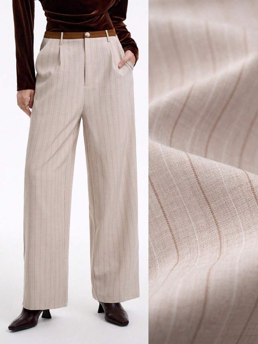 SHEIN LUNE 休闲通勤时尚高端奢华撞色腰带拼接前开领亚麻条纹面料斜口袋女士直筒裤 - 卡其色 - 查看 1