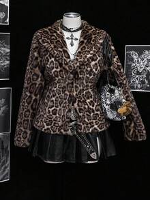 Sunspun Áo khoác lông thú giả cổ họa tiết da báo tay dài cỡ lớn - Nhiều màu - Xem 4