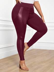 Miaspire Plus Size Women's PU Leather Splice Leggings,Fall/Winter - Burgundy - View 3
