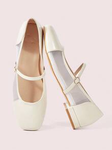 CUCCOO DOLLMOD Women's White Square Toe Comfortable Breathable Mesh & Patent Leather Splice Mary Jane Flat Shoes - Beige - View 2
