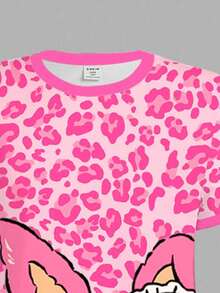 SHEIN Leap Crew Vestido de manga corta de longitud media informal para niña preadolescente con estampado de leopardo rosa minimalista y lindo patrón de dibujos animados, adecuado para el verano - Multicolor - Ver 7