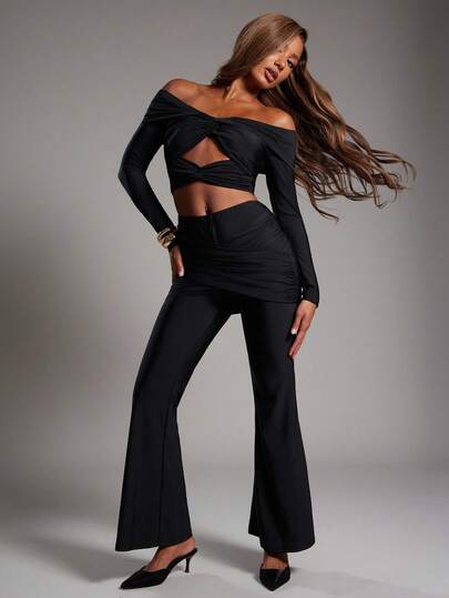 NYA SZN Conjunto a juego (Parte superior/Pantalón) Parte superior de manga larga con hombros descubiertos y detalles de fruncido, pantalón ajustado o falda con fruncido de cintura alta y pierna recta, adecuado para ocasiones especiales, eventos, fiestas, salidas nocturnas y atuendos para ir a trabajar en otoño e invierno