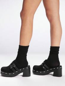 Sugerpunk Women's Retro Buckle Strap High Heel Sandals, Fashionable Casual Chunky Heel Mules - Black - View 4