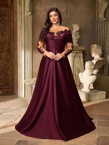 Aureia Plus Size Elegant Luxurious Embroidered Lace Applique Sheer Long Sleeve Off Shoulder Stretch Satin Maxi A-Line Dress, Suitable For Weddings, Parties, Vacations, Balls, Evening Gowns (Heavy Embellishment), Valentine's Day - Burgundy - View 6