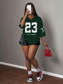 Slaydiva 休闲简约23个字母和数字图案女式T恤，适合夏季 - 綠色 - 查看 5