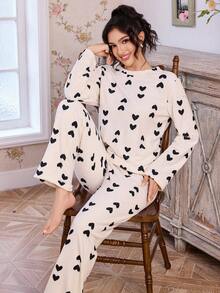 CottageSlumber Cheese-Color Reversible Fleece Fluffy Pajama Set With Black Heart Print For Women, Fall Winter Clothes - Beige - View 1