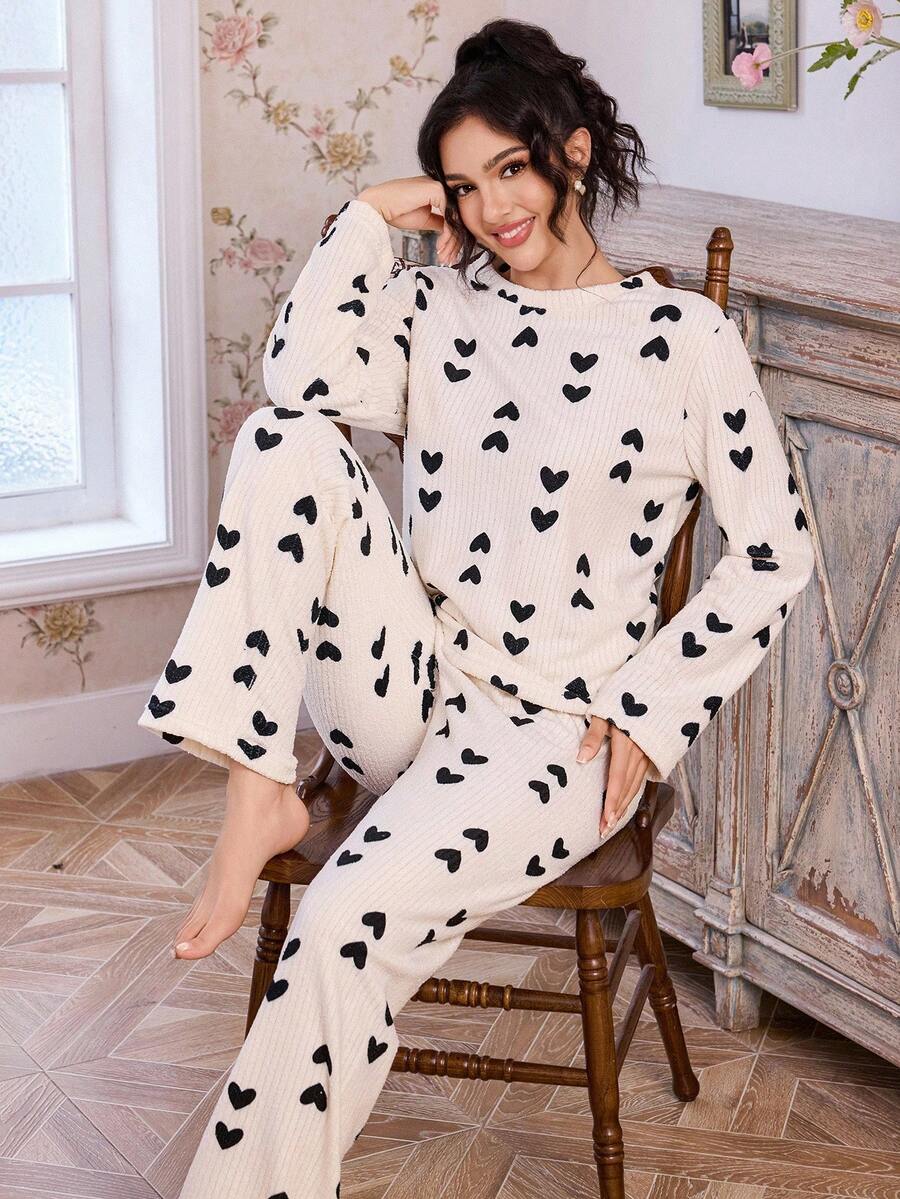 CottageSlumber Cheese-Color Reversible Fleece Fluffy Pajama Set With Black Heart Print For Women, Fall Winter Clothes - Beige - View 1