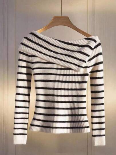 Franclia 女式拼色条纹性感不对称肩部针织上衣 T 恤，法式优雅修身罗纹毛衣，秋季/春季，露肩，高领，长袖