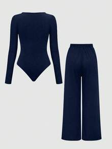 Olithes Set de 2 piezas: Top con bajo asimétrico y pantalones de unicolor - Azul Marino - Ver 2
