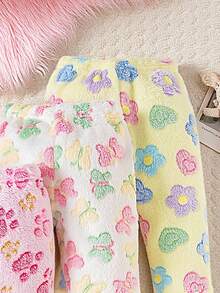 SHEIN Playful Pals 女嬰時尚可愛毛絨褲三件組，爪印、蝴蝶與花卉圖案，保暖舒適 - 彩色 - 查看 5