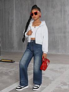 Tween Girls' Comfortable & Versatile Street Style Washed Dark Blue Distressed Loose Waist Jeans Fall Winter - Dark Wash - View 5