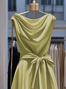 Franclia Women's Elegant Solid Color Waist Cinched Dress - Green - View 3