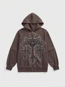 ROMWE Avant 复古街头时尚十字翼藤蔓印花连帽破洞卫衣女式卫衣夹克 - 棕色 - 查看 1