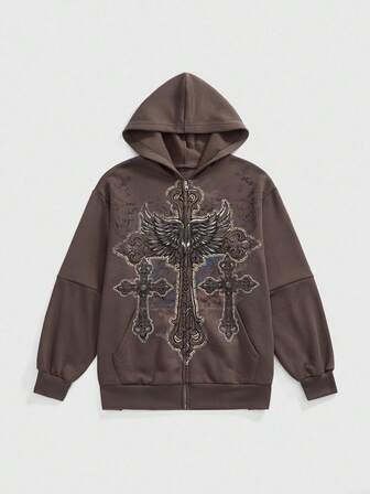 ROMWE Avant Sudadera con capucha vintage de estilo callejero con estampado de alas cruzadas y vid, desgastada, para mujer