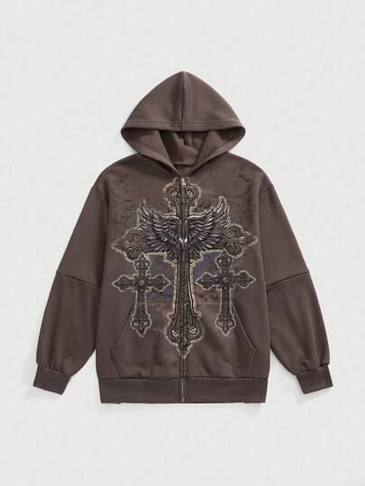 ROMWE Avant Vintage Street Fashion Cross Wing Vine Print Hooded Distressed Sweatshirt Sweatshirt Jacket For Women