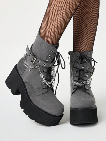 Grunge Punk Stivali alla caviglia da donna in stile punk con suola spessa e tacco chunky, stivali da combattimento con piattaforma e decorazione a catena metallica in stile gotico, comodi